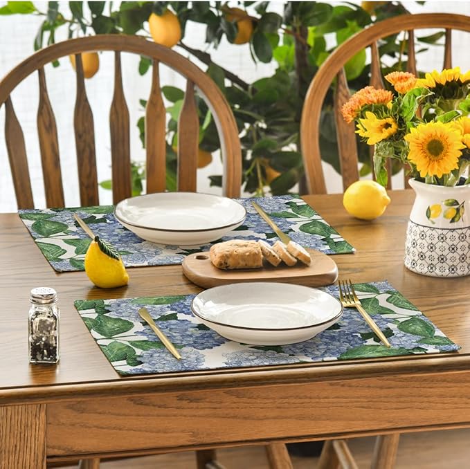 Artoid Mode Watercolor Hydrangea Placemats for Dining Table, 12 x 18 Inch Spring Summer Seasonal Decoration Rustic Washable Table Mats Set of 4 Purple