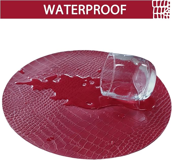Jovono Round Leather Placemats for Round Tables Set of 4, Red Place Mats and Coasters, Wipeable Waterproof Heat Resistant Table Mats Easy to Care for Indoor Decor 13 inch Diameter