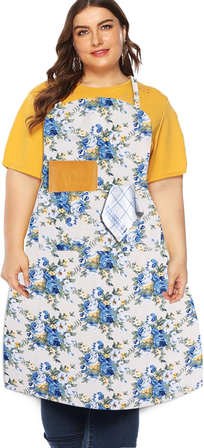 Sanlykate Extra Large Canvas Cotton Apron for Men & Women, Plus Size Durable Aprons with 2 Pockets, Adjustable Bib Machine Washable Oversized Aprons for Baking, Cooking, Painting - Blue Rose