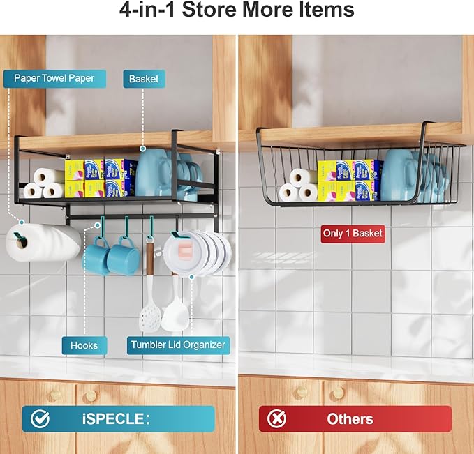 iSPECLE Under Shelf Basket- Multi-Purpose Under Shelf Storage Mug Hooks, Add Extra Storage Space Under Cabinet with Paper Towel Holder and Coffee Cup Hooks, Easy to Get Items, Black