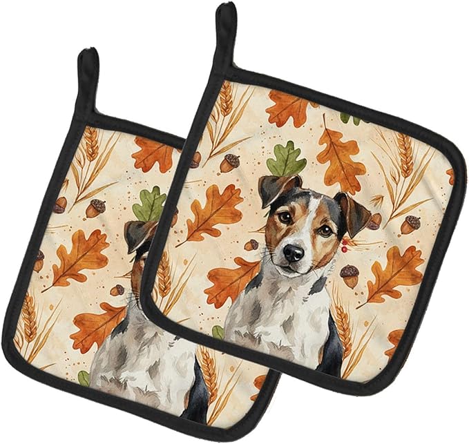 Caroline's Treasures Tricolor Russell Terrier Heirloom Fall Pair of Pot Holders Pair 7.5x7.5 Quilted Insulated Hot Pads Decorative Kitchen Gift Made in USA