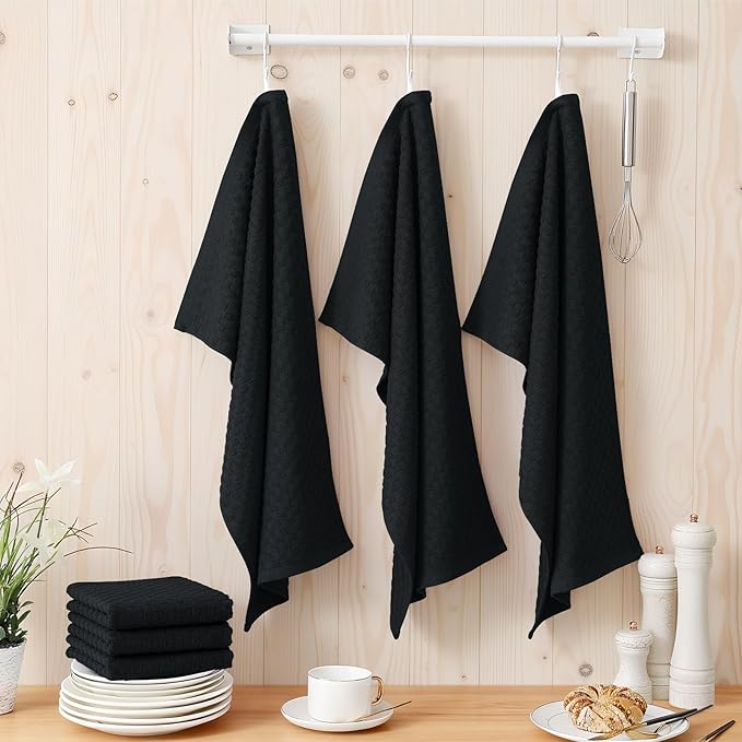 Homaxy 100% Cotton Terry Kitchen Towels(15" x 25", 8 Pack), Soft and Super Absorbent Dish Towels, 380 GSM Reusable Tea Towel with Hanging Loop, Pineapple Grid Designed, Black