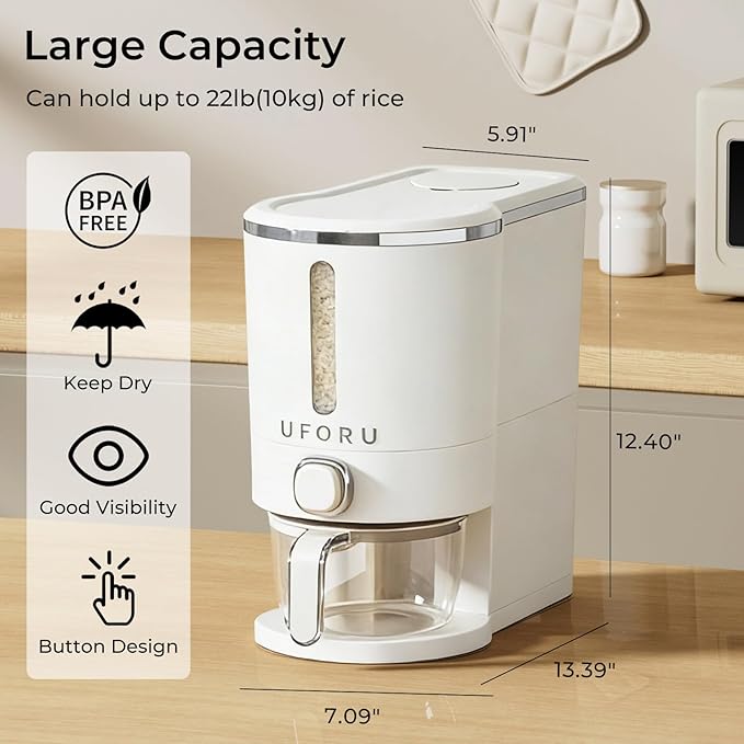 Rice Dispenser, Rice Storage Container with Measuring Cup for Kitchen Pantry Household, Dry Food Storage Containers Airtight, Sealed Moisture Proof (White 11Lbs)
