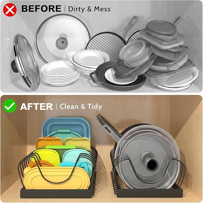 2PACK Large Pot Lid Organizers Inside Cabinet, Pots and Pans Organizer Under Cabinet with 16 Adjustable Dividers for Kitchen, Countertop Pan Lid Holder, Rust-Resistant Lid Storage, Easy to Clean