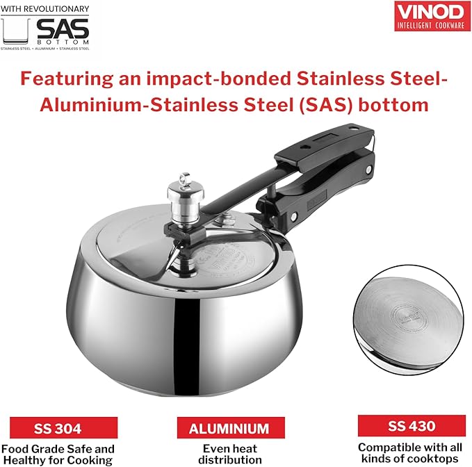 Vinod Europa Stainless Steel Inner Lid Pressure Cooker - 3 Litre | Handi Shape | Sandwich Bottom Cooker | Induction and Gas Base | ISI and CE certified