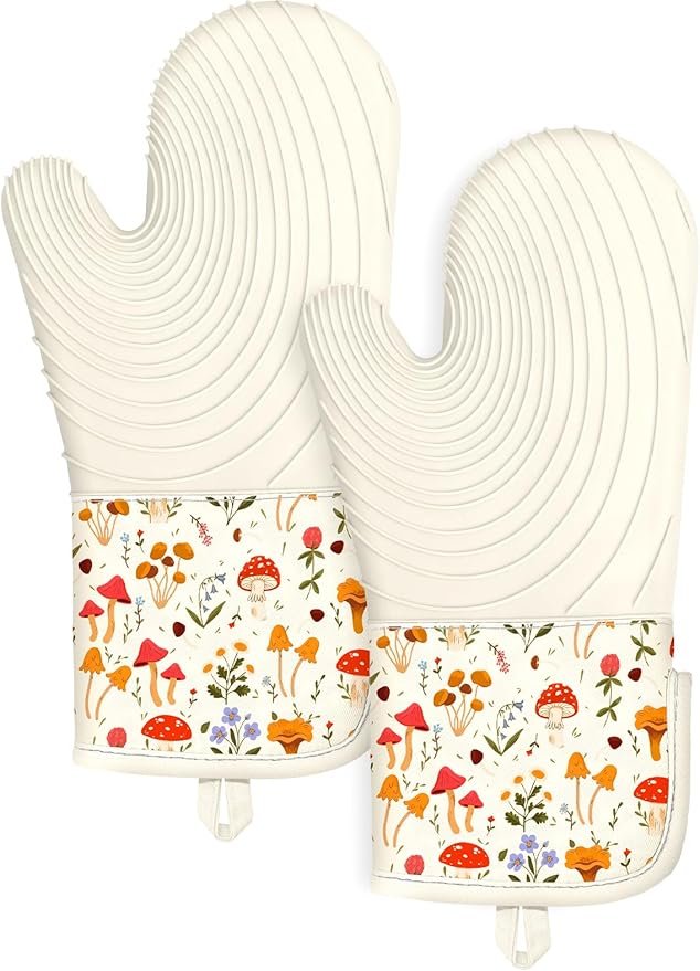 Slohif Long Silicone Oven Mitts Heat Resistant for Women - 2 Pcs Mushroom 100% Cotton Oven Gloves, Non-Slip and Waterproof Silicone Oven Mitts with Hanger for Baking and Cooking