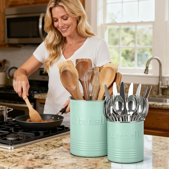 FoldTier 2 Pack Kitchen Utensil Holder for Counter 6.7"+4.7" Farmhouse Cooking Utensil Crock with Cork Bottom Modern Farmhouse Decors Countertop Storage Organizer Caddy Housewarming Gift(Sage Green)