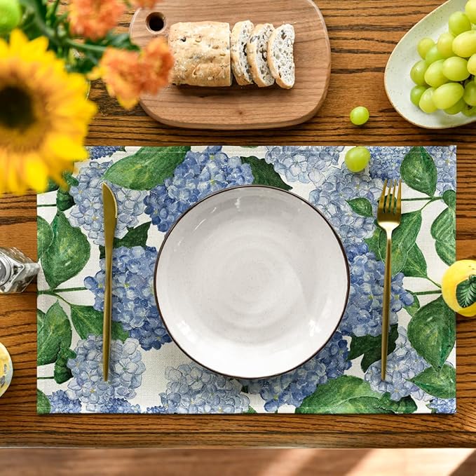 Artoid Mode Watercolor Hydrangea Summer Placemats Set of 6, 12x18 Inch Seasonal Spring Table Mats for Party Kitchen Dining Decoration