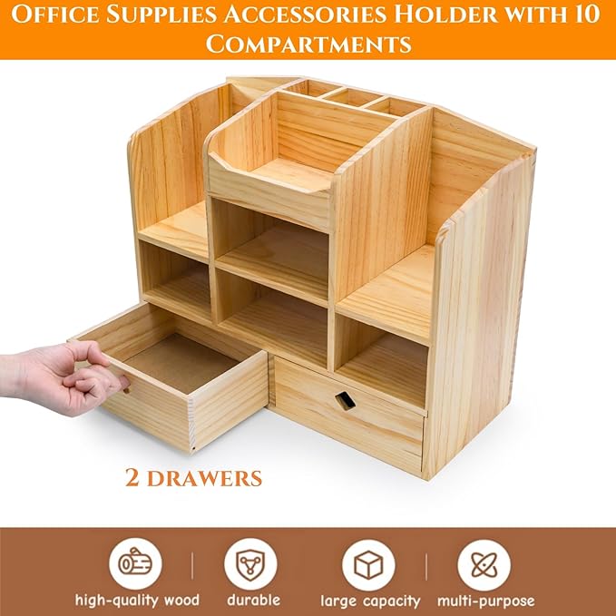 Wooden Desk Organizer with Drawers, Large Countertop Office Supplies Accessories Organization with 10 Compartments, Multifunctional Storage Box Makeup Storage Shelf Rack for Home, Office