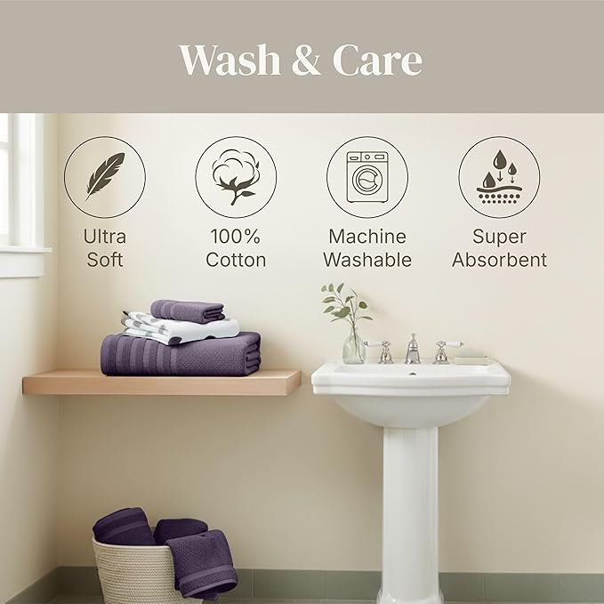 Modern Threads Natural Vine 6-Piece 100% Cotton Towel Set – Yarn Dyed Jacquard – Includes 2 Bath Towels, 2 Hand Towels, 2 Washcloths – Absorbent, Quick Dry, Soft & Durable – Purple