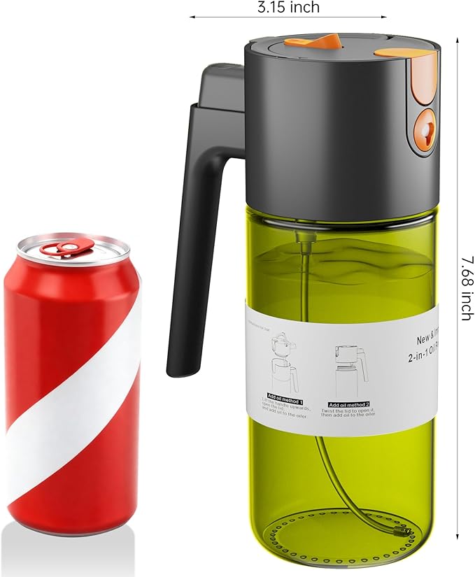 OURCABECUE Upgrade 2 in 1 Oil Sprayer for Cooking, 17oz Light-Blocking Glass Olive Oil Dispenser Bottle for Kitchen (Green+Brown Bottle-Black 2PACK)