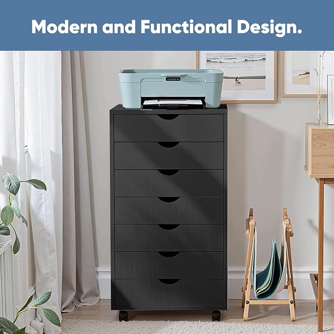 OLIXIS 7 Drawer File Cabinet, Mobile Filing Cabinet Under Desk Storage Organization with Wheels, Vertical Filing Chest Rolling Wood Small Desk Printer Stand for Home Office, Dark