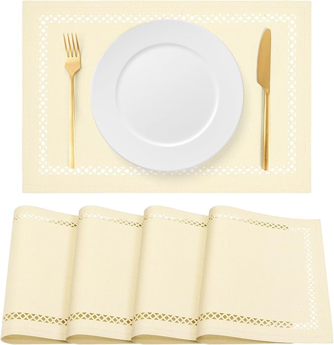 Linen Cloth Placemats Set of 4, HADEEONG 12 x 18 Inch Hollow Edge Place Mats Washable Heat Resistant Placemats Cloth Table Mats for Dining Table Home Decor (Beige, 4)