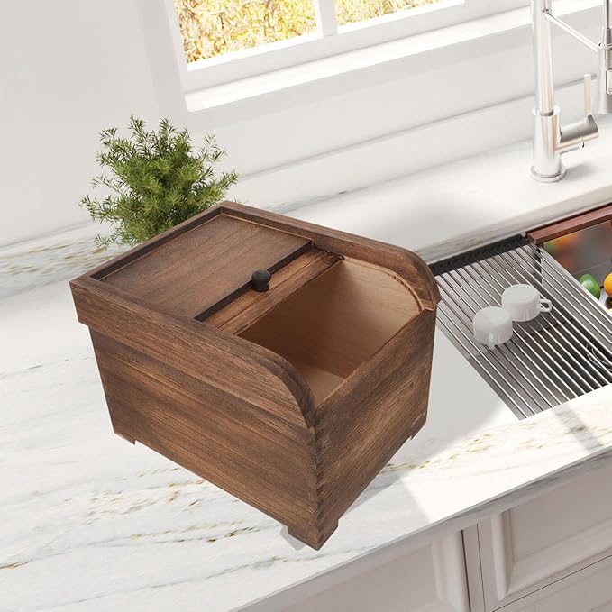 Wooden Rice Storage Container with Sliding Lid, Wood Food Container for Cereal, Grains, Flour, Dark Brown
