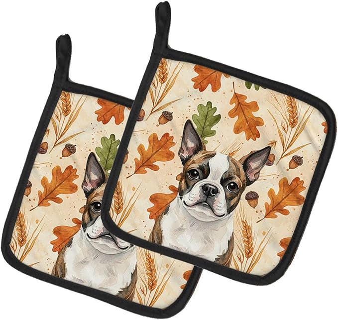 Caroline's Treasures Brindle Boston Terrier Heirloom Fall Pair of Pot Holders Pair 7.5x7.5 Quilted Insulated Hot Pads Decorative Kitchen Gift Made in USA