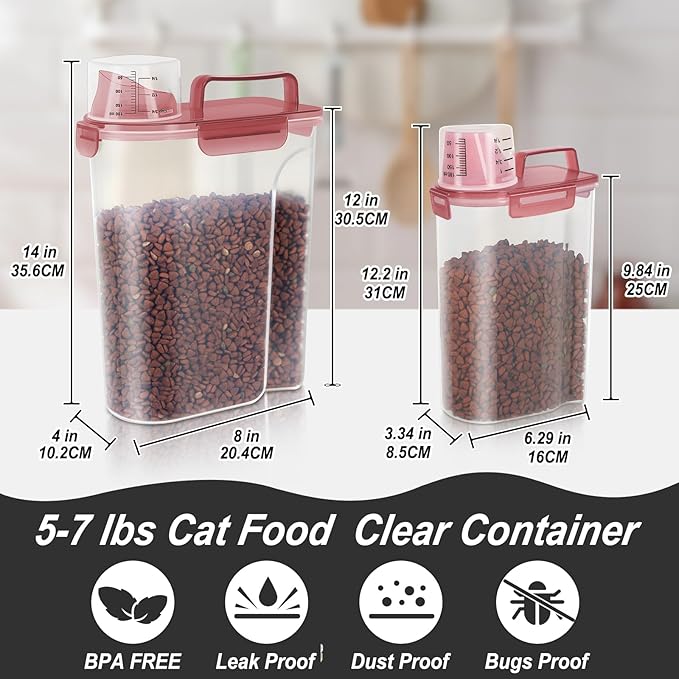 LEAWALK 5-7Lbs Dog Cat Food Storage Container with Upgraded Large Nozzle BPA-free, 4 Snap Seals Plastic Pet Food Storage Containers with Handles (Clear Pink, (5L+3L) 2pack)