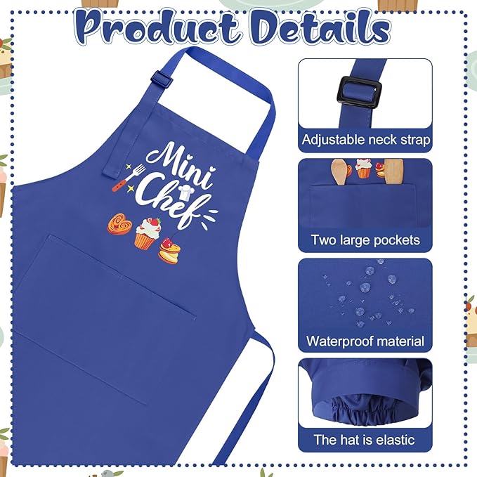 Kids Apron and Chef Hat Set, “Mini Chef” Funny Apron Adjustable Kitchen Apron for Boys and Girls