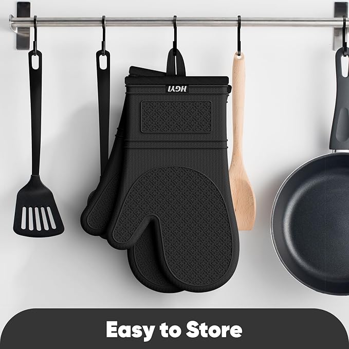 Silicone Oven Mitts, Heat Resistant Oven Gloves with Quilted Liner, Waterproof & Non-Slip Kitchen Mittens for Baking Cooking BBQ, 500°F, 12.5"-Black