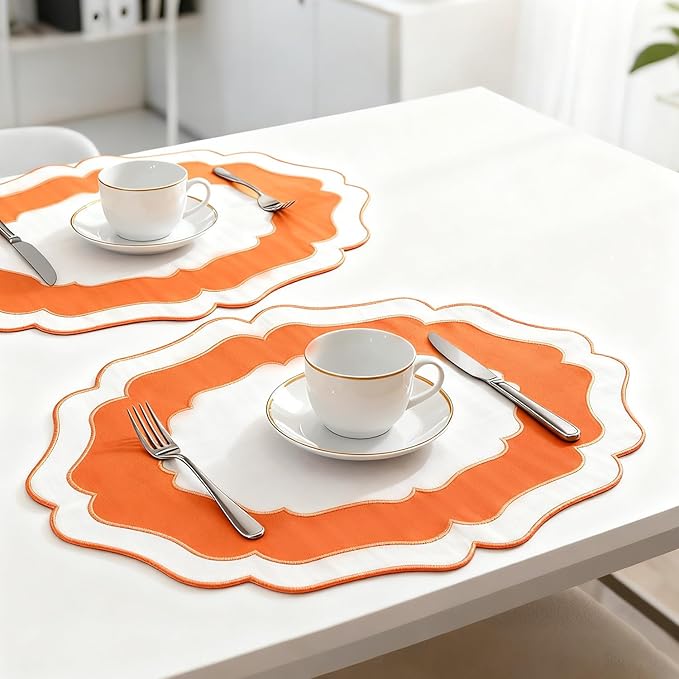 Embroidery Cotton Linen Placemats Set of 4, HADEEONG Table Mats Cloth Placemats, Washable Wrinkle Resistance, Double Layer Scalloped Fabric Placemats, 17.7 x 13.4inch (White with Orange, 4)