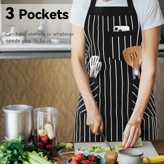 NLUS 2 Pack Cooking Aprons for Women with Pockets Adjustable Kitchen Bib Aprons for Women Men Chef, Black/White Stripe (Black/White Stripes)