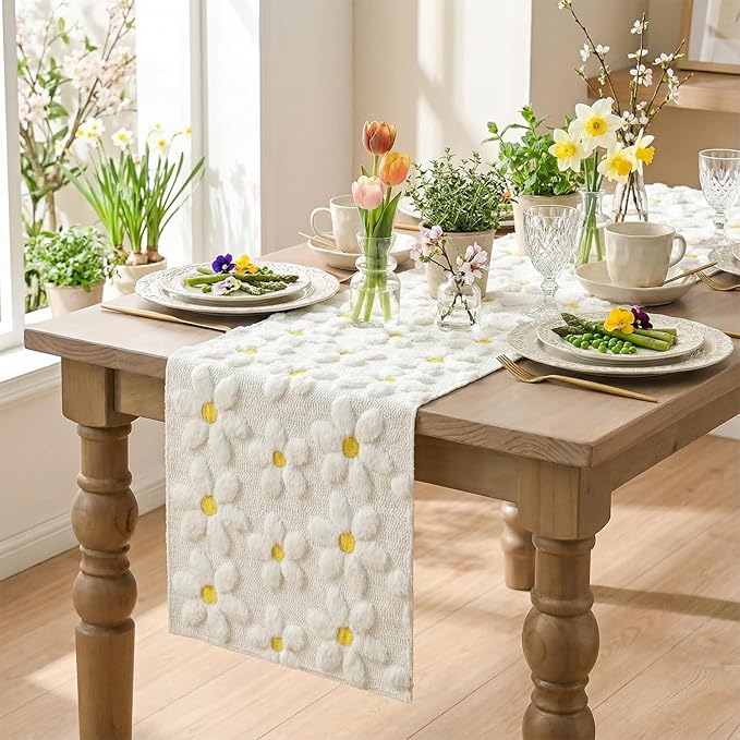 Artoid Mode White Soft Plush Faux Fur Jacquard Embroidery Daisy Spring Table Runner, Kitchen Dining Table Decoration for Home Party Decor 13x48 Inch