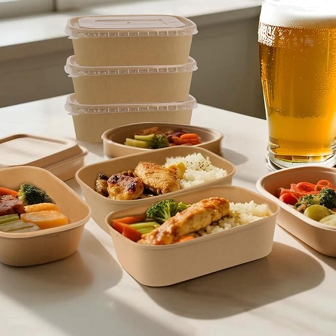 50 Pack 35 oz Paper Food Containers with Lids, Meal Prep Containers Disposable Large Paper Bowls, Microwavable and Freezer Storage Use Cardboard Food Containers