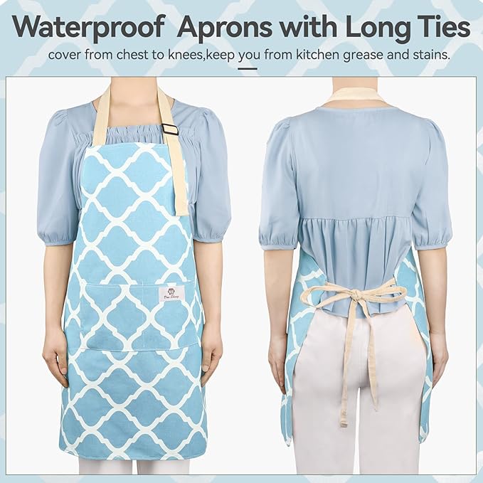2 Pieces Aprons for Women with Pockets, Cotton Linen Waterproof Kitchen Cooking Aprons, Chef Apronfor Men Women with Adjustable Neck Strap and Long Ties(Grey/Blue)
