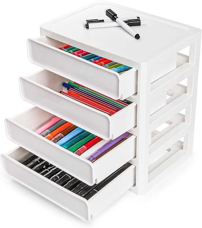 Covzoe Desk Drawer Organizer, 4 Tier Plastic Desktop Storage Unit, Small Storage Bin Container for Countertop, Makeup, Stationery, Art Crafts, Home Office Bathroom, White