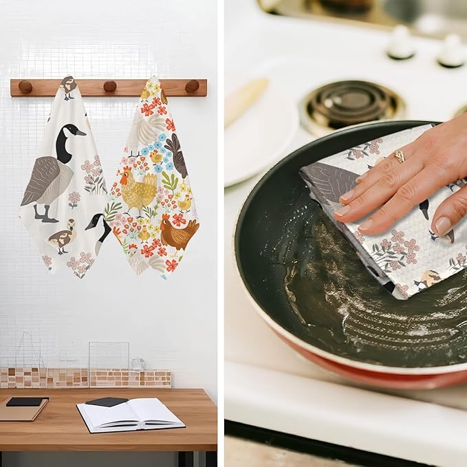 Jztco 2Pcs Farmhouse Chicken Kitchen Towels, Floral Tea Towel Decorative Reusable Dish Hand Towels Duck Lover Gifts for Cleaning Drying Women Mom Housewarming Gifts 14 x 24 Inch Kitchen Home Decor