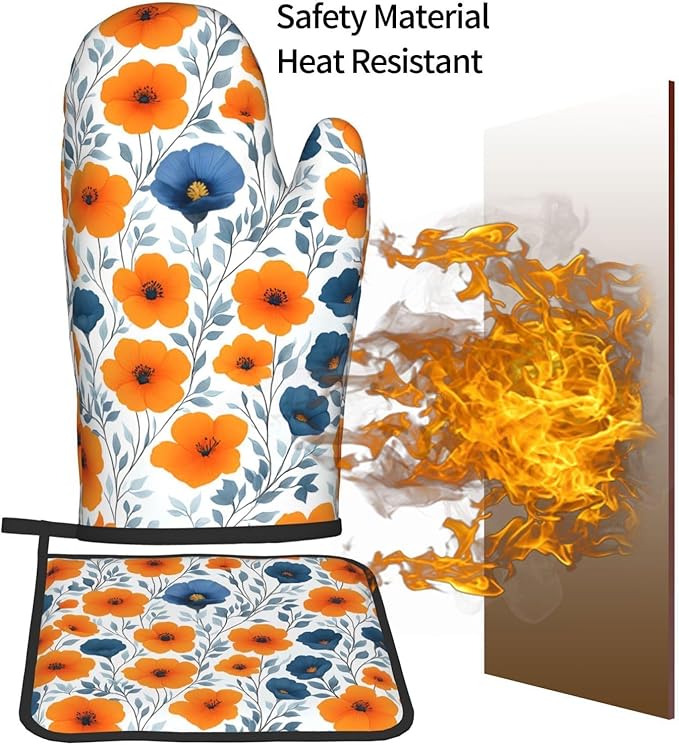 Spring Orange Blue Floral Oven Mitts and Pot Holders Sets of 3, Heat Resistant Non-Slip Burnt Orange Navy Flowers Kitchen Gloves Hot Pads for Cooking BBQ Grilling, Chef Baking Gifts for Women Baker