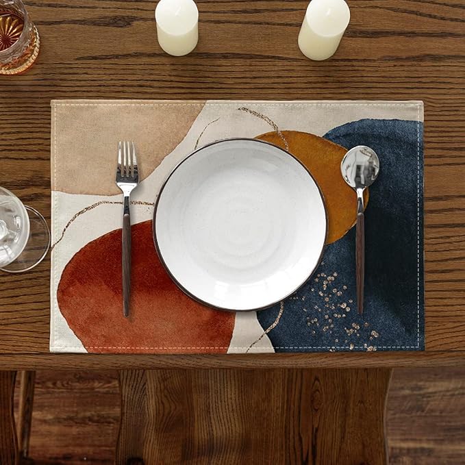 Ansouyi Placemats Set of 6, Terracotta Navy Orange and Gold Abstract Washable Heat Resistant Linen Table Mats, Kitchen Decor Non-Slip Place Mats for Party Dining, 12x18 Inch