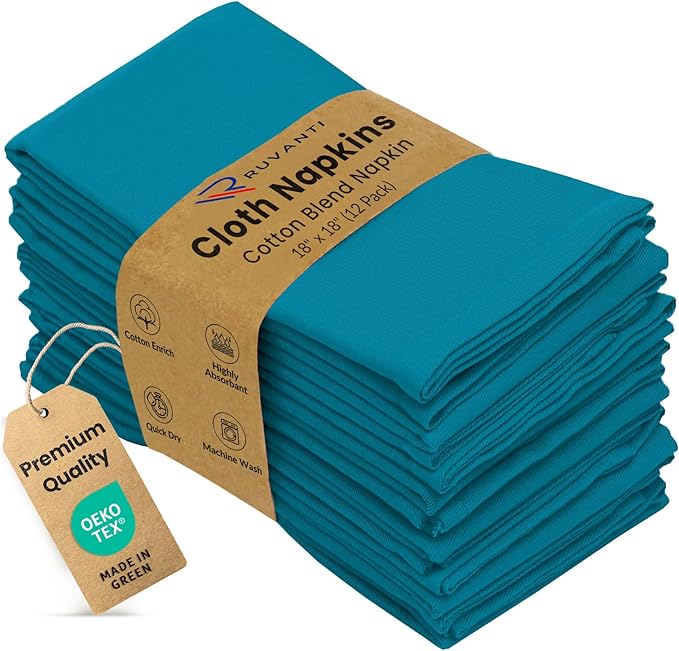 Ruvanti Cloth Napkins Set of 12, 18x18 Inches Napkins Cloth Washable, Soft, Durable, Absorbent, Cotton Blend. Table Dinner Napkins Cloth for Hotel, Lunch, Restaurant, Weddings, Events, Parties - Teal