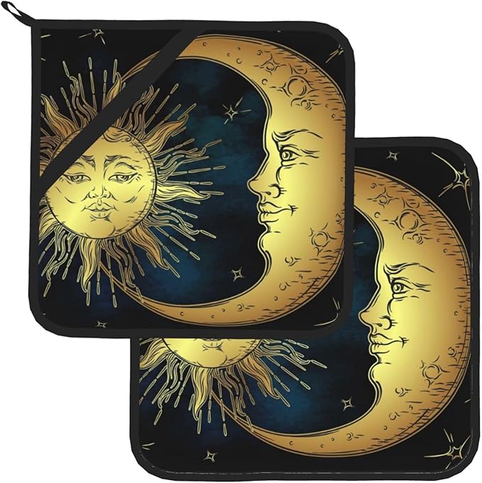 Pot Holder Heat Resistant Set of 2 Golden Sun Moon Stars,Potholders Oven Hot Pads for Kitchen Cooking Baking BBQ