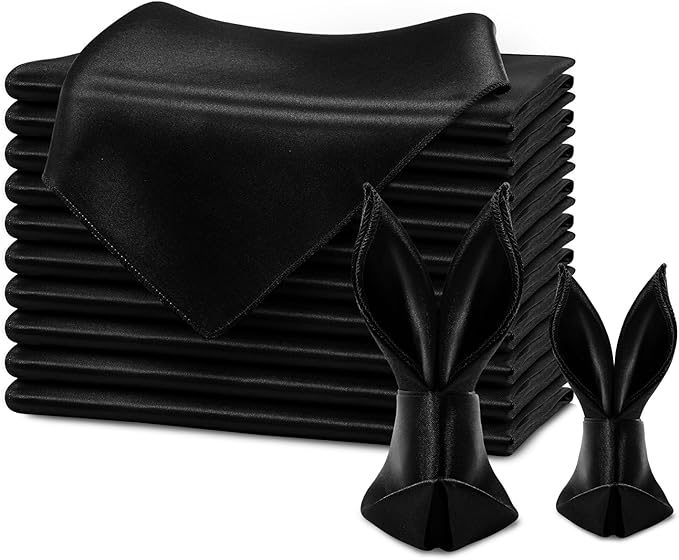 KKJIAF Black Silky Satin Napkins (12 Pieces, 17x17 Inches),Washable Polyester Square Table Napkins for Wedding Dinner Party Decoration
