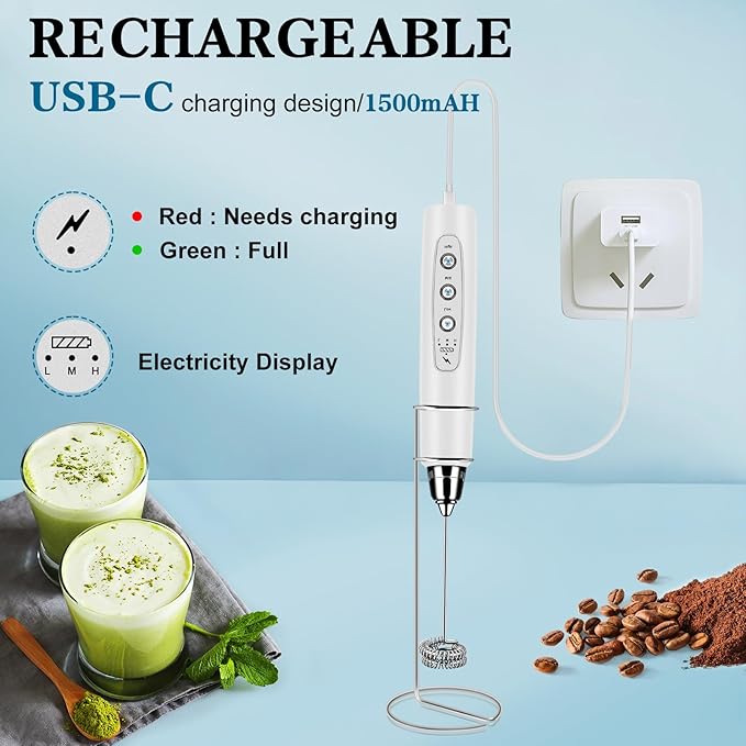 BSRGMS Milk Frother Handheld with Stand, Electric Whisk 3 Speed Adjustable, Drink Mixer with Stainless 3 Whisk, Rechargeable Hand Frother Wand, Foam Maker for Latte Cappuccino Hot Chocolate Egg White