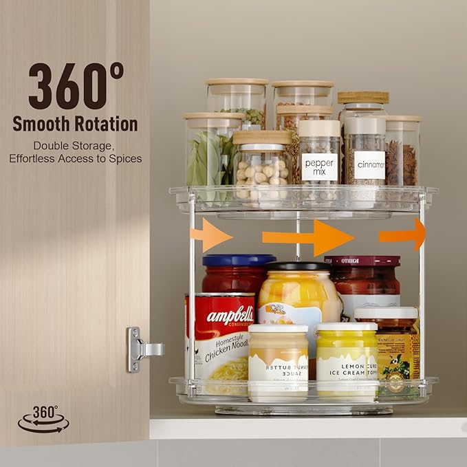 2 Pack 2 Tier Lazy Susan Organizer, 9.25'' Lazy Susan Turntable for Cabinet, Stackable Turntable Organizer Rotating Spice Rack Organization for Kitchen Countertop, Pantry, Bathroom, Clear