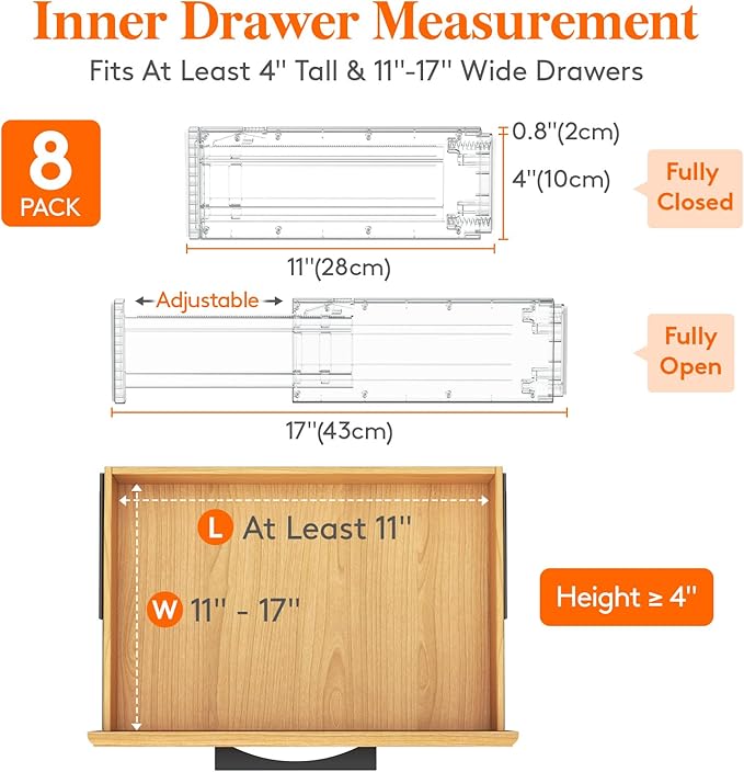 Lifewit 8 Pack 4" High Drawer Dividers 28-43.5cm/11-17" Adjustable Drawer Organizer for Clothes/Utensils, Expandable Drawer Organizer in Dresser/Kitchen/Bedroom/Office Organization & Storage Clear