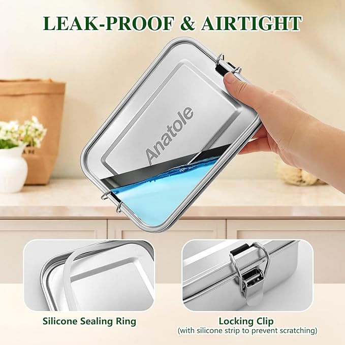 Anatole 304 Stainless Steel Bento Box 47oz 1400ml Leak-Proof Lunch Box with Removable Divider BPA Free Dishwasher Safe Food Container for Adults Office Camping Picnic Travel