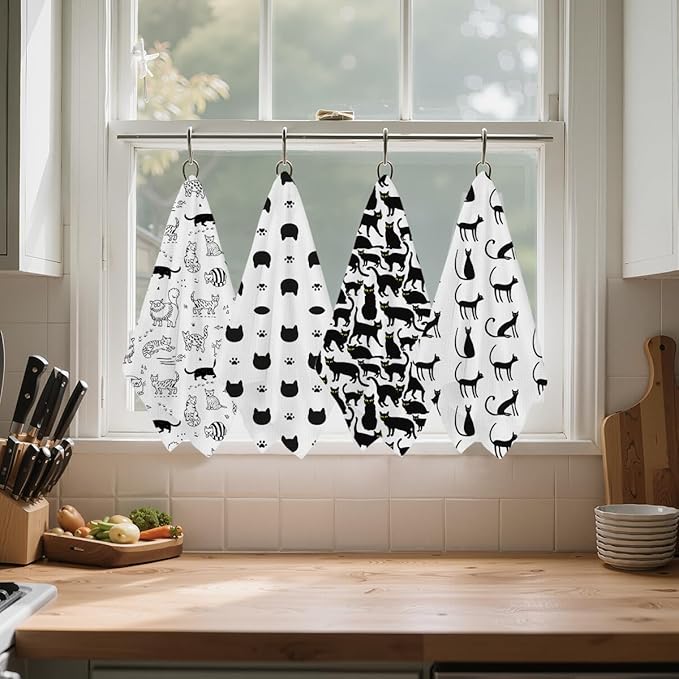 4 Pcs Cute Cat Kitchen Towels, Cats Decorative Absorbent Microfiber Dish Cloth Tea Towel, Durable Waffle Hand Towels for Farmhouse Home Bathroom, Cat Lover Gifts for Women Mam-1
