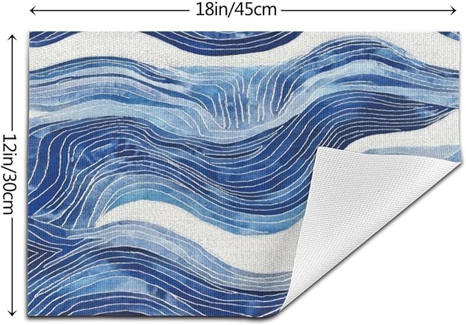 Blue and White Ocean Inspired Linen Placemats Set of 4, Washable Heat-Resistant Decorative Coastal Navy Blue White Wave Patterned Table Mats for Home Dining Parties, Gift for Beach Lovers, Home Decor
