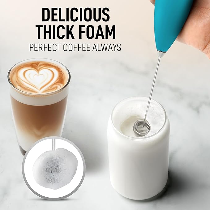 Zulay Kitchen Powerful Double Whisk Milk Frother Handheld - Foam Maker With Stand - Whisk Drink Mixer for Coffee, Mini Foamer for Latte, Matcha, Frappe, Hot Chocolate & Cappuccino - Ocean Blue