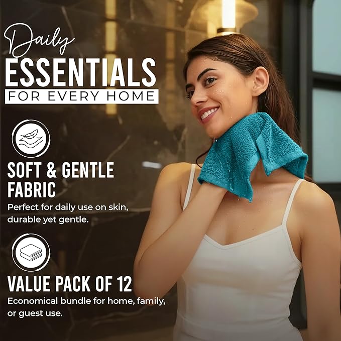 RIVERSIDE Pack of 12 Washcloths, 12 x 12 Inches, 100% Cotton, Premium Flannel Face Cloths, Highly Absorbent & Soft Feel Fingertip Towels (Teal, 12 Pack)
