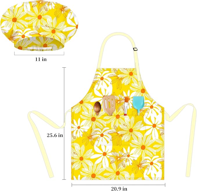 Kids Chef Hat and Apron, Adjustable Kids Aprons with Pocket Girls Boys Kitchen Toddler Aprons for Cooking Baking
