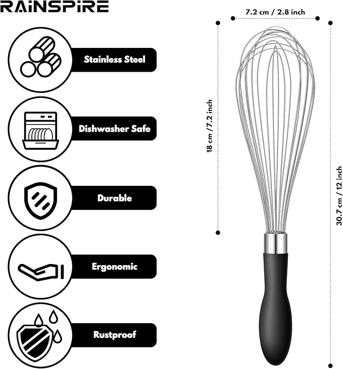 Rainspire 12-Inch Wire Whisk Stainless Steel, Balloon Whisks for Cooking, Wisk Wisking Tool With Soft Silicone Handle, Thick Durable Whisker for Blending, Beating, Whisking, Stirring, Black