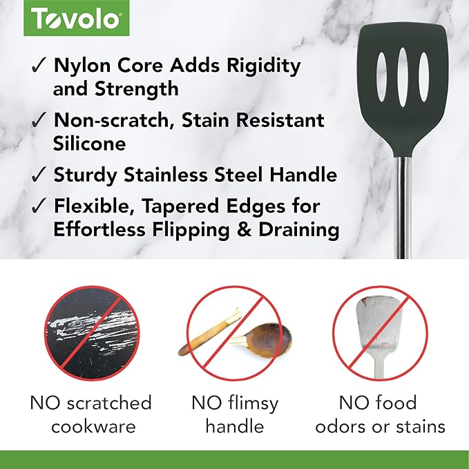 Tovolo Slotted Silicone Spatula Turner Slotted Stainless Steel Handle 10" Charcoal Gray Heat Resistant Non Toxic BPA Free Kitchen Utensil, Silicone Egg Pancake Flipper Metal Handle Turner for Cooking