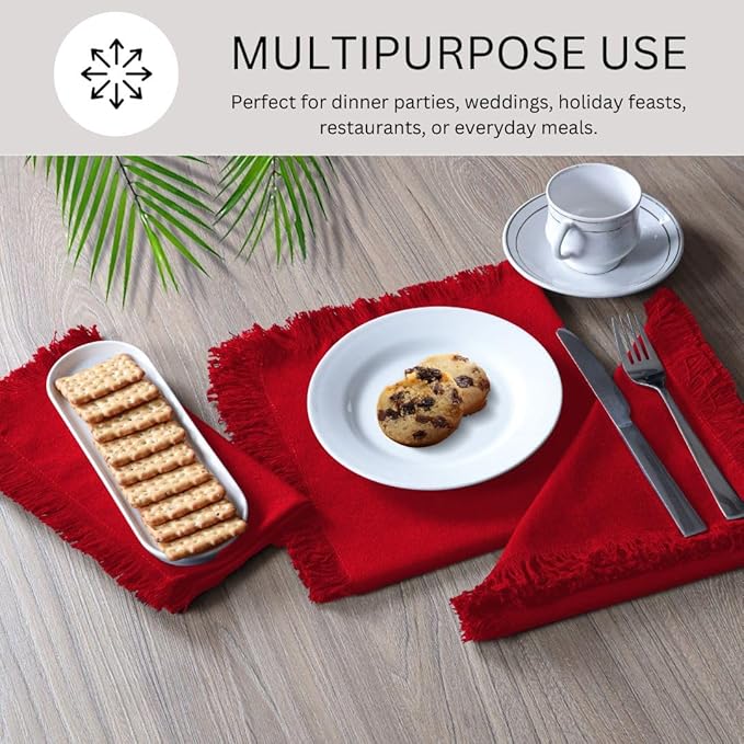 Cloth Dinner Napkins Fringes 20x20 Inch 100% Cotton Set of 6 - for Dining Special Occasions Weddings Restaurants Holidays Easter - Soft Durable Washable - Elegant Table Cloth Napkins Red
