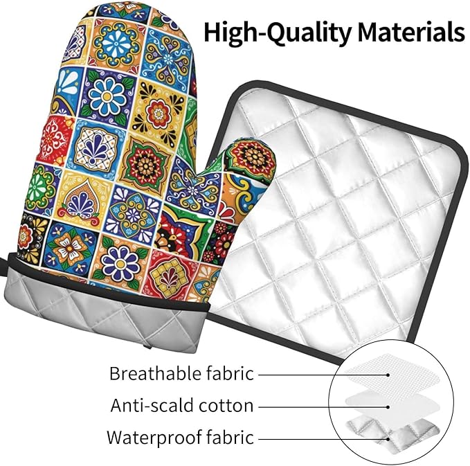 Mexican Talavera Tile Oven Mitts and Pot Holders Sets of 3, Heat Resistant Non-Slip Polyester Colorful Talavera Kitchen Gloves Gifts for Cooking Lovers, Vibrant Kitchen Decor for Baking BBQ Cooking