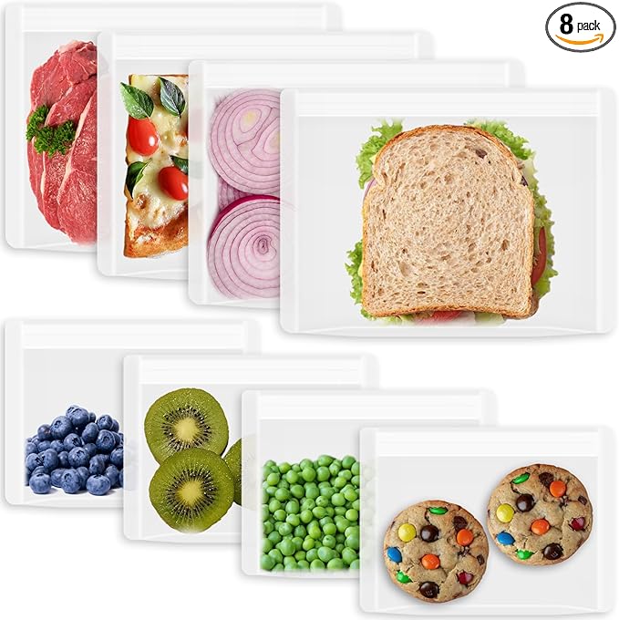 Reusable Sandwich Bags & Snack Bags Set, 8 Pack, 100% Silicone Reusable Storage Bag, Soft Shell Ziplock Silicone Food Storage Containers, Freezer Microwave Oven Dishwasher Safe, Translucent