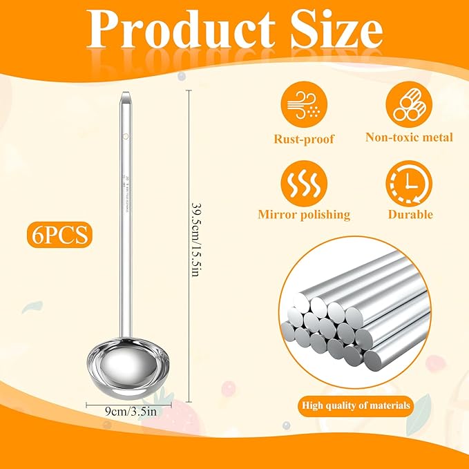 6 Pcs Stainless Steel Ladle Soup Handle Ladle with Long Hooked Handles Metal Kitchen Soup Ladles Spoon Cooking Utensil for Serving, Cooking, Stirring, Portioning Kitchen Restaurant Accessories(6 oz)