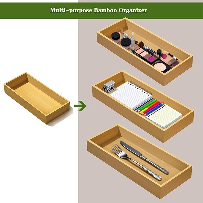 guiogc Bamboo Drawer Silverware Organizer, Utensil Tray for Kitchen (L:11.8"x4.92"x1.9", S:9.85"x3.55"x1.8" Set of 4)